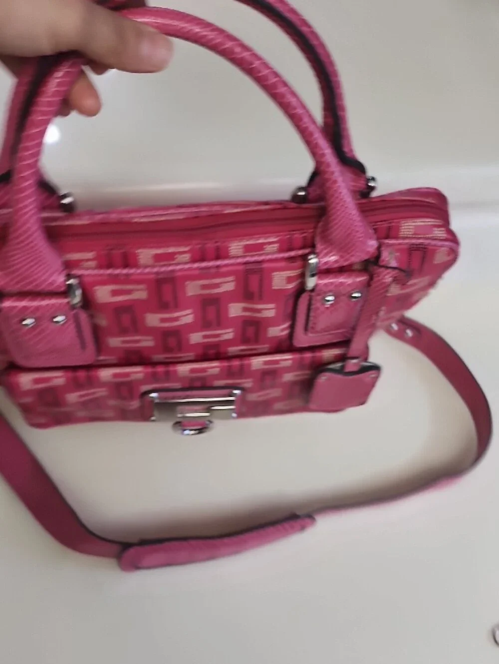 Guess Pink Logo-Print Satchel with Silver Hardware